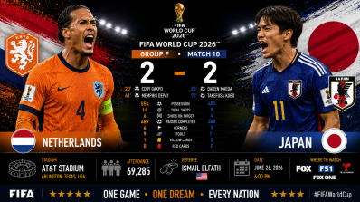 Netherlands 2–2 Japan, AT&amp;T Stadium, attendance 69,285, and referee Ismail Elfath